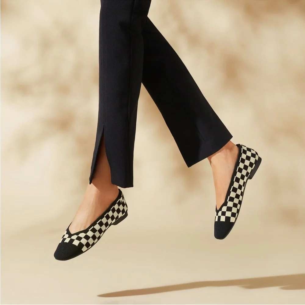 VIVAIA Margot 2.0 Square Toe Flats Black Cream Checker Comfort Sustainable US7